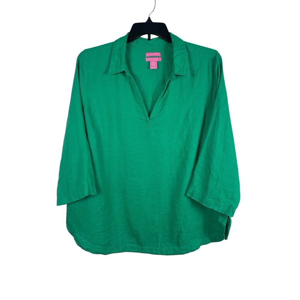 Isaac Mizrahi New York 100% Linen Kelly Green Popover Tunic Top XL 3/4 Sleeve